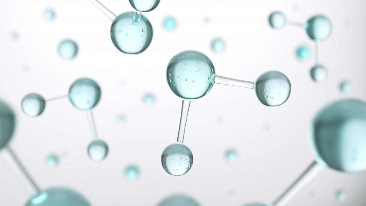 Hydrogenmolekül oder Atom, Abstrakte Struktur für Wissenschaft oder medizinischer Hintergrund, 3D-Abbildung Wasserstoff