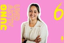 Anna Peters auf pinken Hintergrund, daneben Titel und Zahl 6