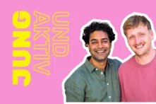 Jung und Aktiv Teaserbild in Pink mit outline-Foto der beiden Gäste und Titel links daneben