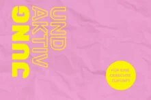Podcast Jung und Aktiv Schrift mit rosa Hintergrund