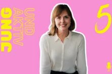 Titel auf pinken Hintergrund, Bild von Bettina Metze, rechts eine große 5
