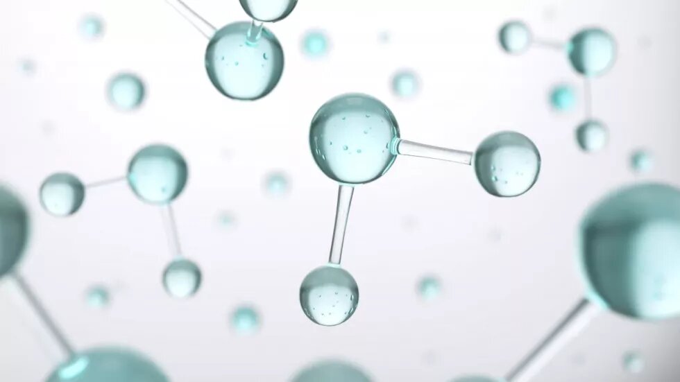 Hydrogenmolekül oder Atom, Abstrakte Struktur für Wissenschaft oder medizinischer Hintergrund, 3D-Abbildung Wasserstoff