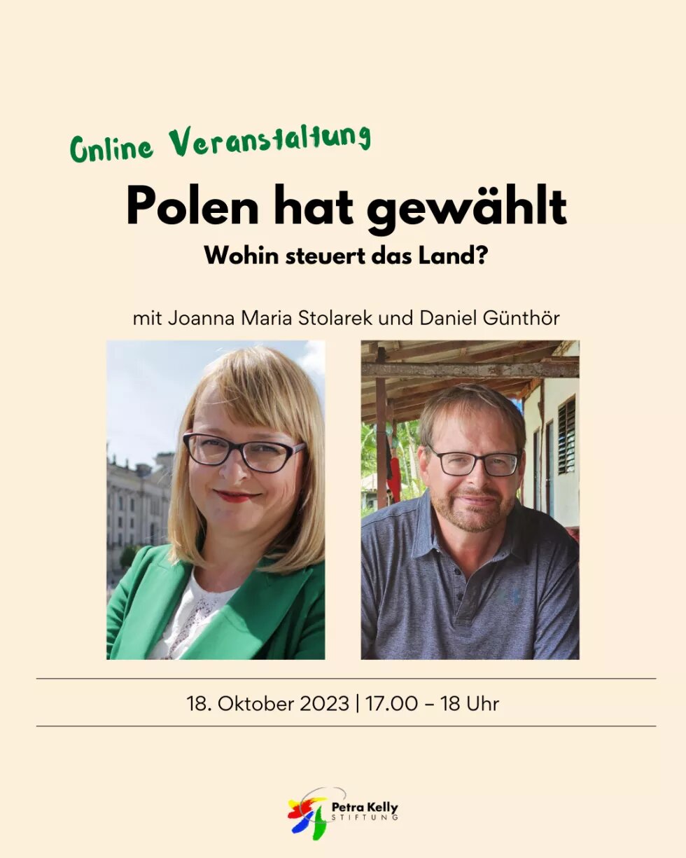Plakat mit Überschrift der Veranstaltung und Bilder der zwei Referent:innen