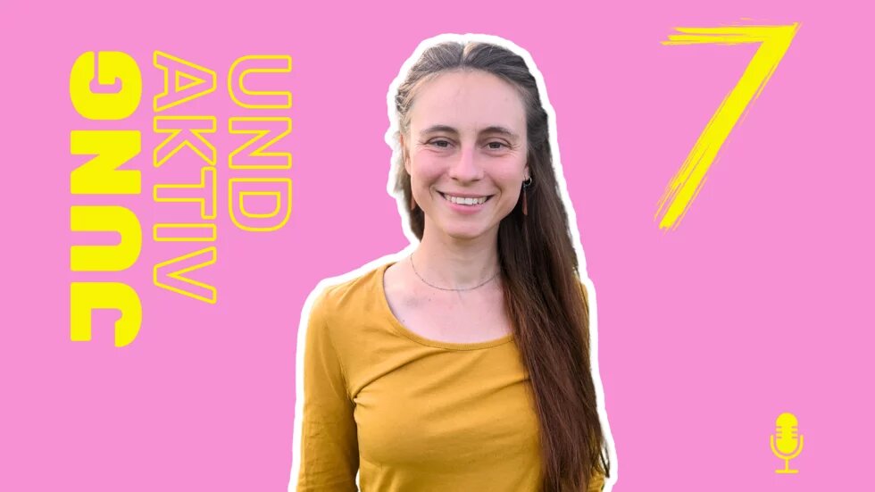 Verena Fisch in der Mitte auf pinken Hintergrund, daneben Titel und Zahl 7