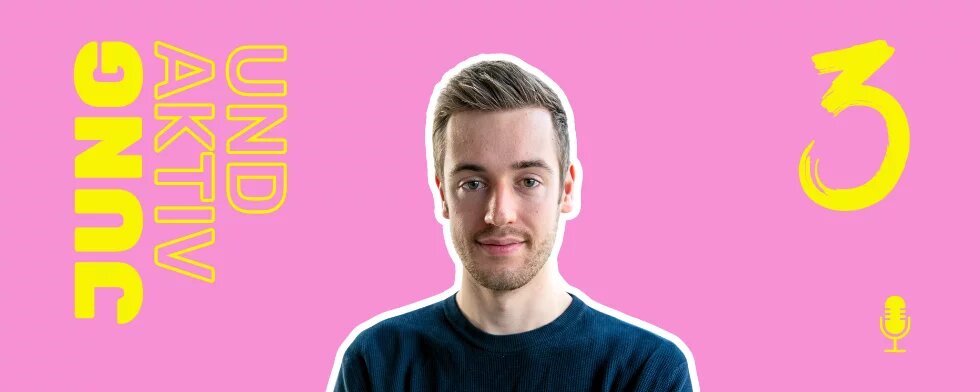 Teaserbild: pinker Hintergrund, links Titel Jung und Aktiv, in der Mitte ein Outline-Bild von Carl Mühlbachrechts eine große, gelbe 3