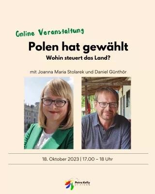 Plakat mit Überschrift der Veranstaltung und Bilder der zwei Referent:innen