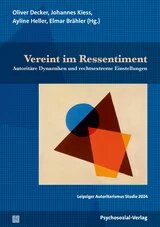 Cover: Titel "Vereint im Ressentiment" mit Untertitel "Autoritäre Dynamiken und rechtsextreme Einstellungen." Blauer Hintergrund und zentral: Geometrische Formen von Ivan Vassilyevich Klyun (Blauer Kreis, braunes Dreieck und ein Trapez in orange überschneiden sich auf hellem Grund.